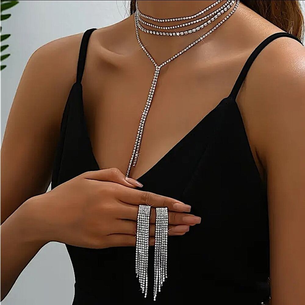 Silver Crystal Y Lariat Choker Matching Earrings Rhinestone Necklace New … - Picture 2 of 3